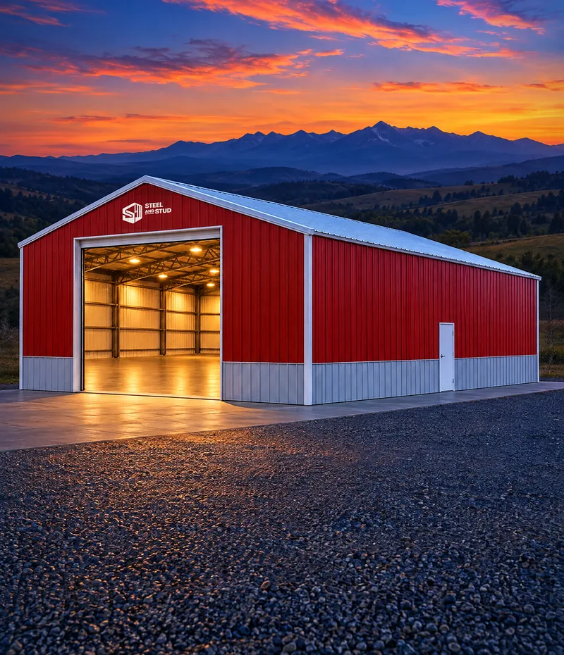 Red Steel & Stud metal garage with an open roll-up door, lit inside, at sunset with mountains behind