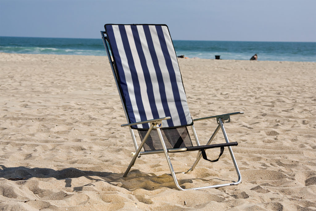 Quik Shade Beach Recliner Shade Chair, Navy and White Fabric, Silver