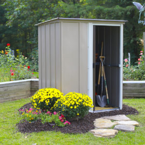 Arrow - Brentwood Shed, 5x4, Electro Galvanized Steel, Coffee / Taupe / Eggshell, Lean-to Roof, 67" Wall Height, Sliding Door