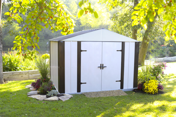 Arrow - Designer™10x8, Hot Dipped Galvanized Steel, Java / Sand, High Gable, 71.3" Wall Height, Swing Doors