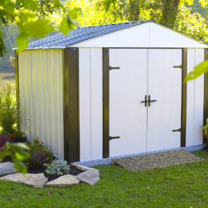 Arrow - Designer™10x8, Hot Dipped Galvanized Steel, Java / Sand, High Gable, 71.3" Wall Height, Swing Doors