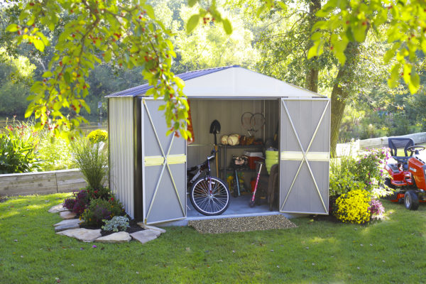 Arrow - Designer™10x8, Hot Dipped Galvanized Steel, Java / Sand, High Gable, 71.3" Wall Height, Swing Doors - Image 3