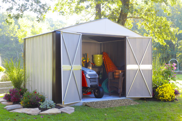Arrow - Designer™10x8, Hot Dipped Galvanized Steel, Java / Sand, High Gable, 71.3" Wall Height, Swing Doors - Image 4
