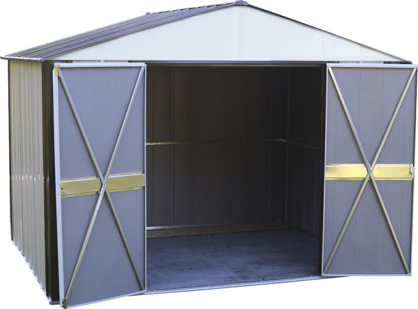 Arrow - Designer™10x8, Hot Dipped Galvanized Steel, Java / Sand, High Gable, 71.3" Wall Height, Swing Doors - Image 7