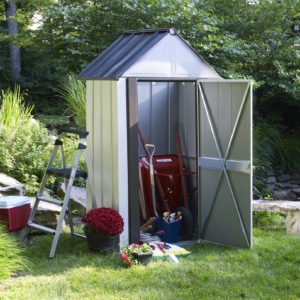 Arrow - Designer™ Metro Shed, 4X2, Hot Dipped Galvanized Steel, Java / Sand, High Gable, 71.3" Wall Height, Swing Doors