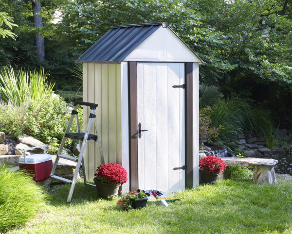 Arrow - Designer™ Metro Shed, 4X4, Hot Dipped Galvanized Steel, Java / Sand, High Gable, 71.3" Wall Height, Swing Doors
