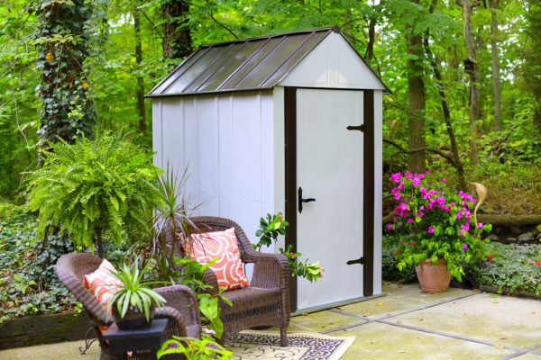 Arrow - Designer™ Metro Shed, 4X6, Hot Dipped Galvanized Steel, Java / Sand, High Gable, 71.3" Wall Height, Swing Doors