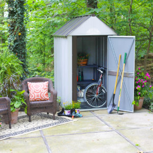 Arrow - Designer™ Metro Shed, 4X6, Hot Dipped Galvanized Steel, Java / Sand, High Gable, 71.3" Wall Height, Swing Doors
