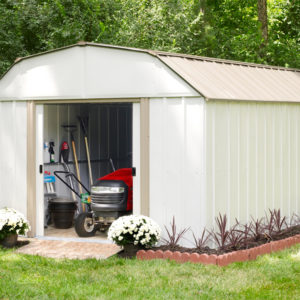 Arrow - Lexington, 10x14, Electro Galvanized Steel, Taupe / Eggshell, Gambrel Gable, 62" Wall Height, Sliding Doors