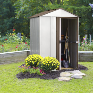 Arrow - Newburgh Shed, 5x4, Electro Galvanized Steel, Coffee / Eggshell, Low Gable, 67" Wall Height, Sliding Doors