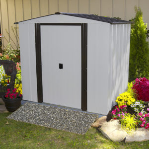 Arrow - Newburgh Shed, 6x5, Electro Galvanized Steel, Coffee / Eggshell, Low Gable, 60" Wall Height, Sliding Doors