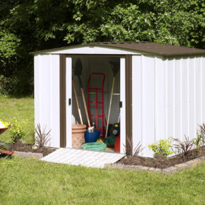 Arrow - Newburgh Shed, 8x6, Electro Galvanized Steel, Coffee / Eggshell, Low Gable, 60" Wall Height, Sliding Doors