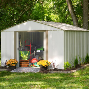 Arrow - Oakbrook, 10x14, Electro Galvanized Steel, Emery Grey / Eggshell, High Gable, 62" Wall Height, Sliding Doors