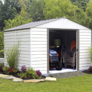 Arrow - Vinyl Milford, 10x12, Vinyl Coated Steel, Coffee / Almond, High Gable, 66.5" Wall Height, Sliding Doors