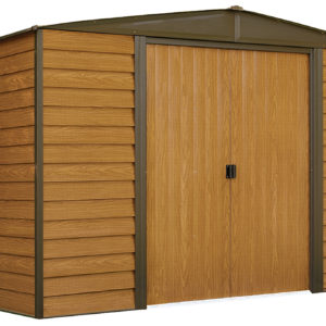 Arrow - Woodridge, 10x6, Electro Galvanized Steel, Coffee / Woodgrain, Low Gable, 71.3 Wall Height, Sliding Doors