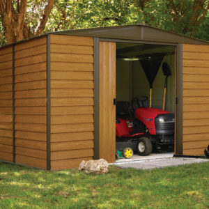 Arrow - Woodridge, 10x8, Electro Galvanized Steel, Coffee / Woodgrain, Low Gable, 71.3" Wall Height, Sliding Doors