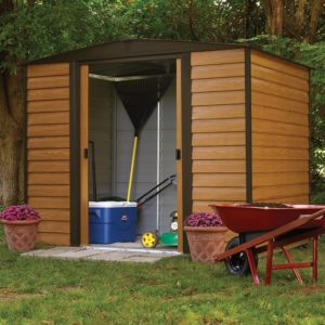 Arrow - Woodridge, 8x6, Electro Galvanized Steel, Coffee / Woodgrain, Low Gable, 71.3" Wall Height, Sliding Doors