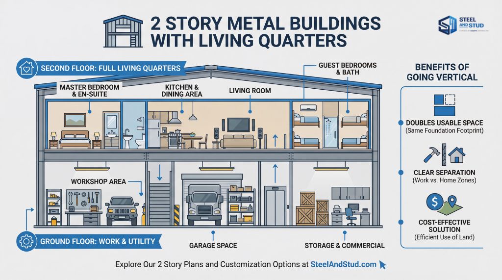 Illustration of a 2 story metal building with living quarters and workspace layout.