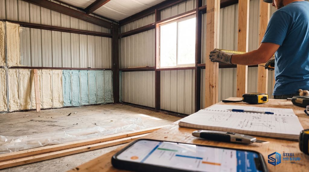 Interior of a metal building being converted into living quarters with insulation and framing.