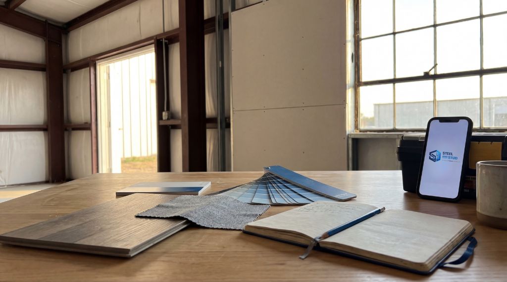 Interior design materials on a table in a metal building.