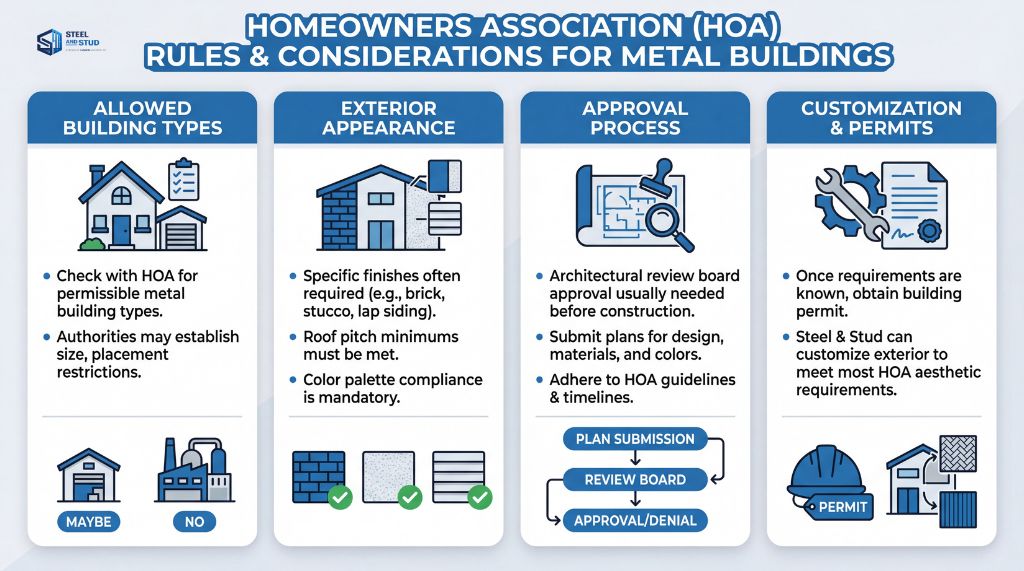 Infographic on HOA rules for metal buildings, detailing types, appearance, approval, and customization.
