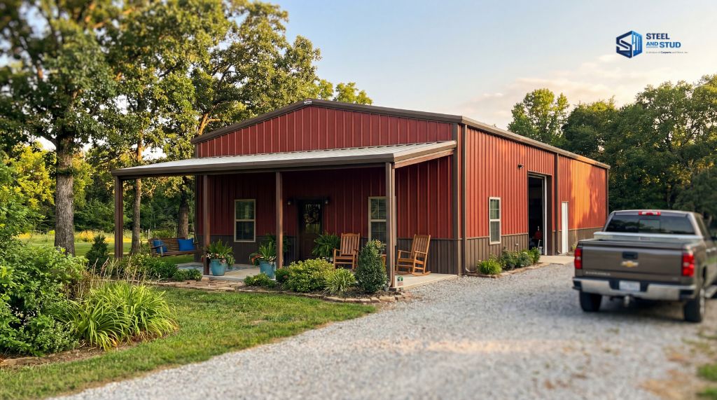 A stylish barndominium interior blending living and workspace.