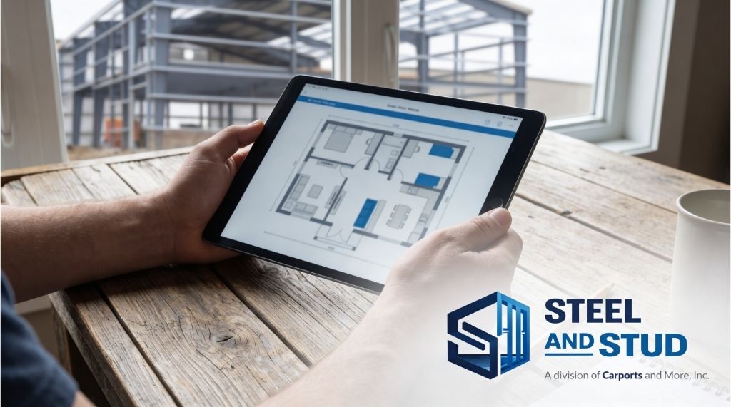 Person viewing a floor plan for a metal building with living quarters on a tablet.