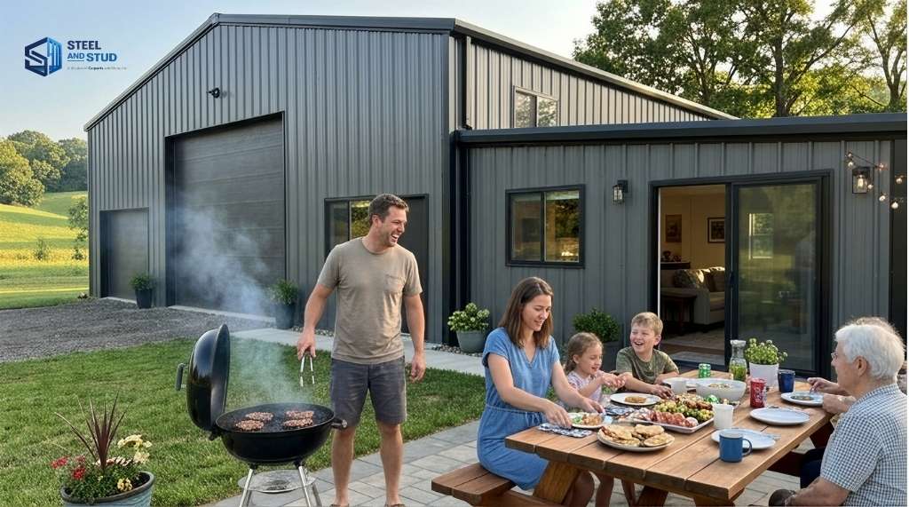 Family enjoying a meal outside a metal building with living quarters.