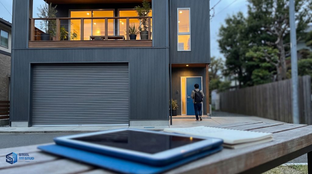 Modern steel building with an apartment entrance and outdoor seating area.