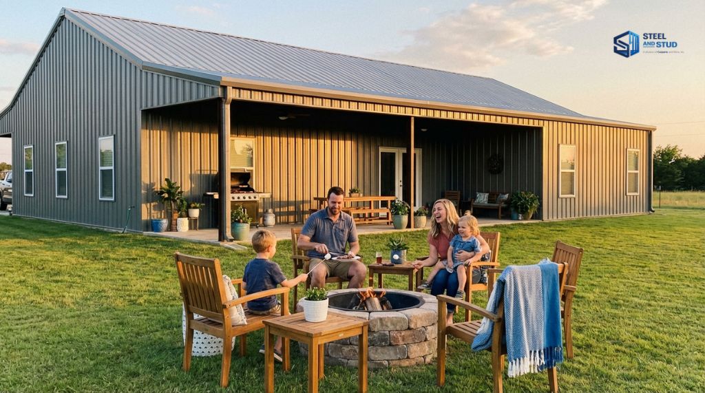 Cozy living quarters in a metal building.