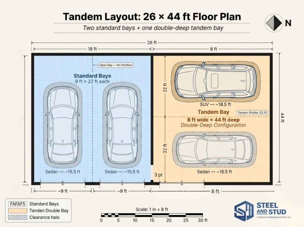 andem 3-car garage dimensions floor plan double-deep bay layout