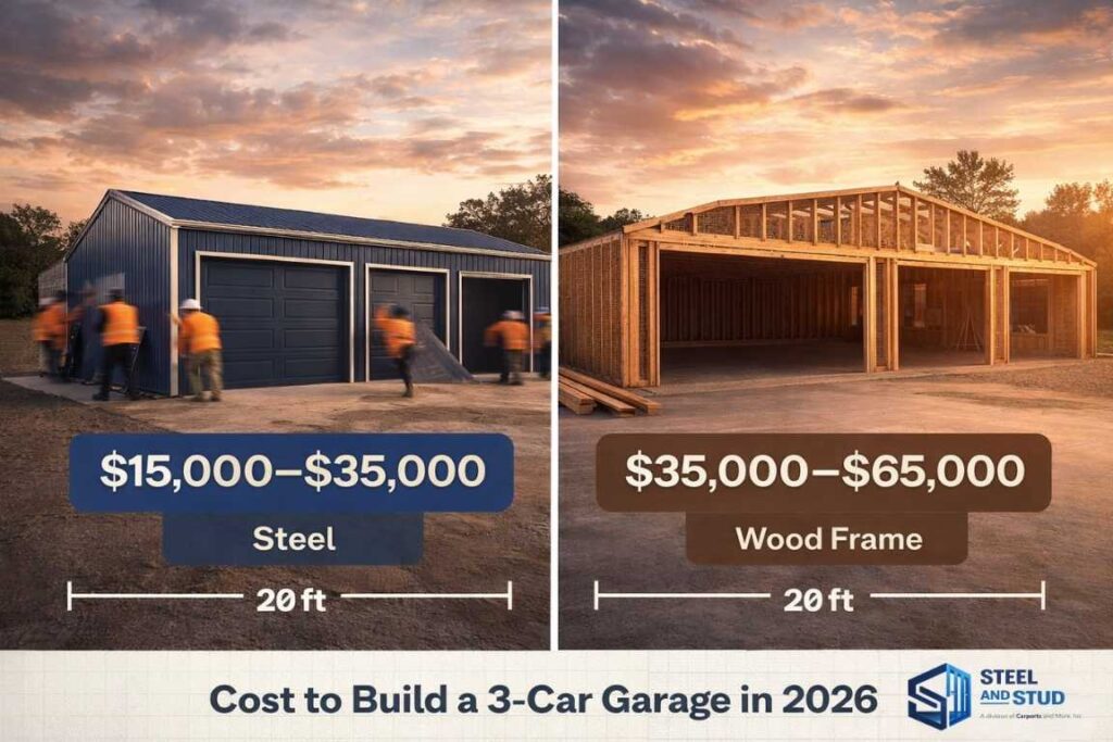 3-car garage cost 2026 steel prefab wood frame price comparison