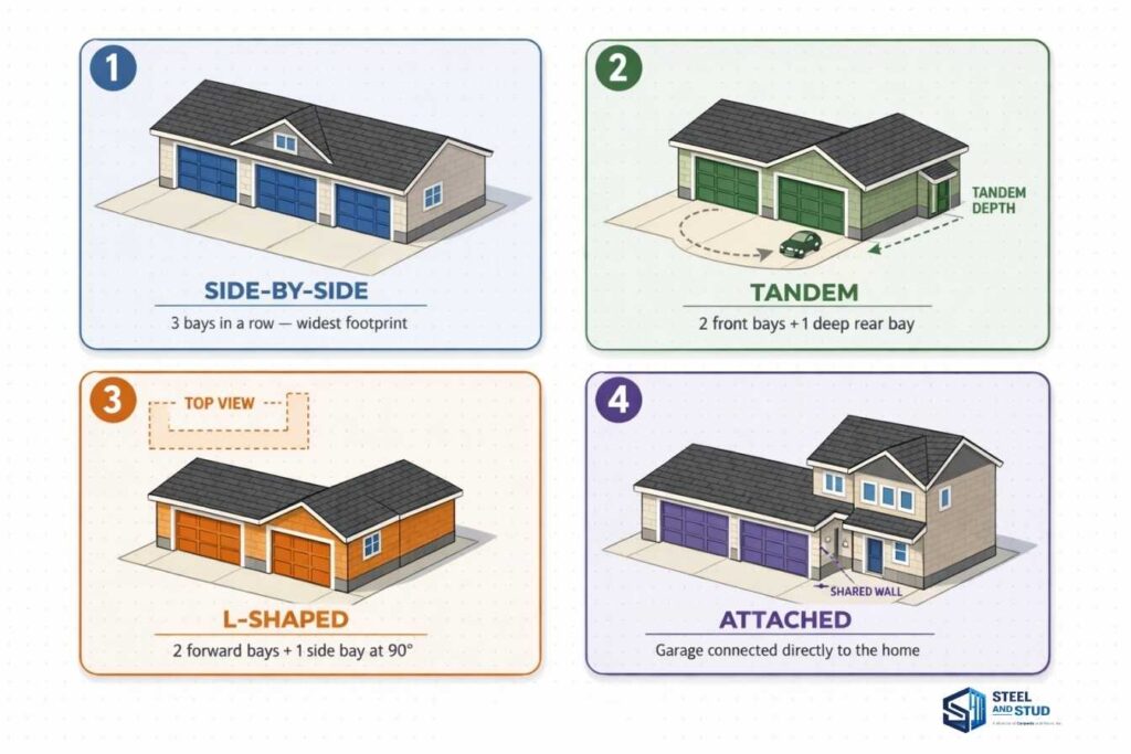 3-car garage layouts side by side tandem L-shaped attached detached designs