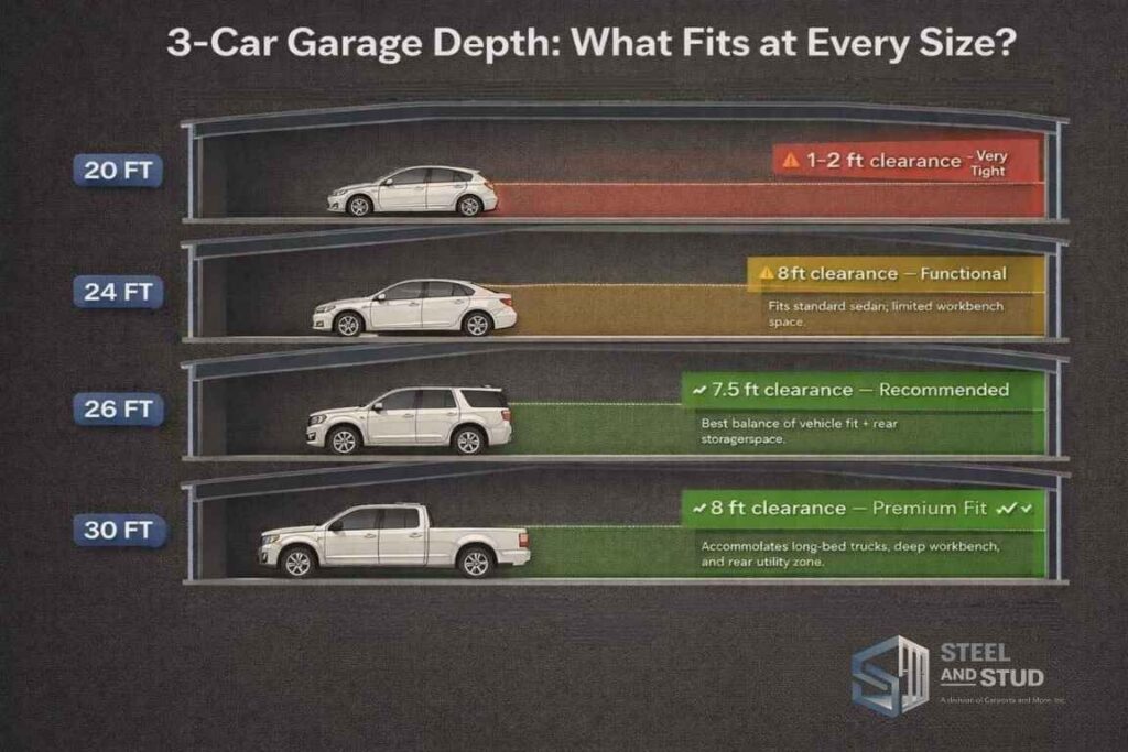 3-car garage depth 20 24 26 30 feet vehicle clearance diagram