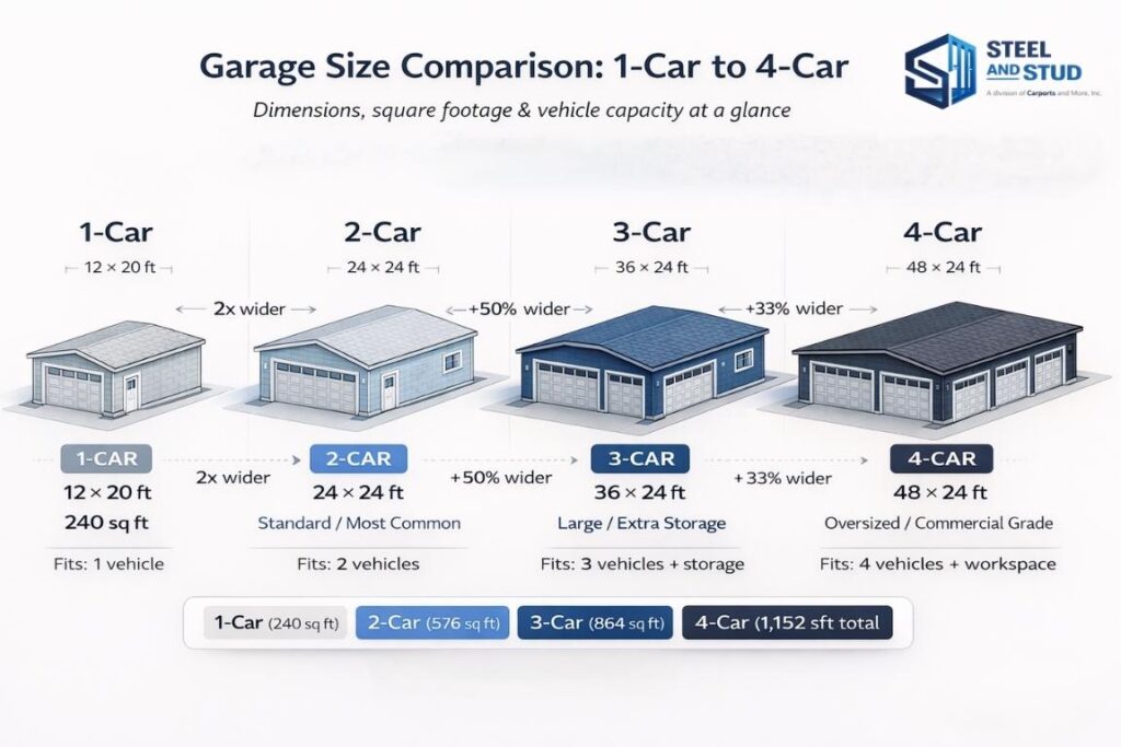 1 car 2 car 3 car 4 car garage size comparison dimensions square footage