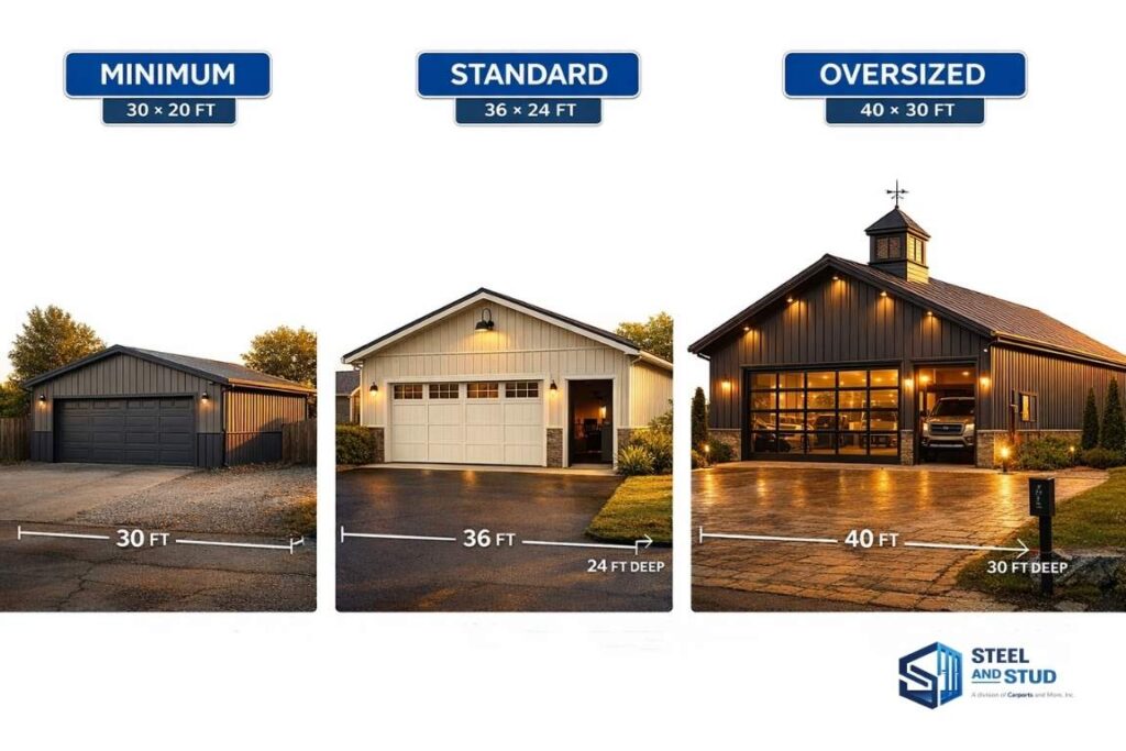 3-car garage size comparison chart minimum standard oversized dimensions
