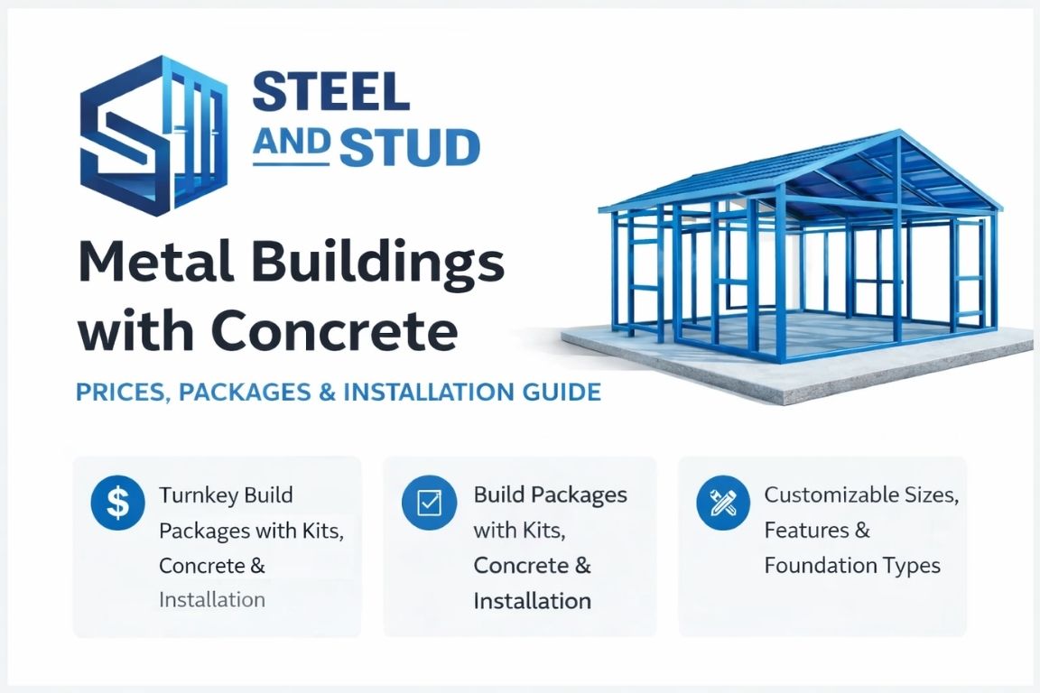 Steel and stud metal building frame on concrete foundation with pricing, packages, and installation options for customizable construction solutions