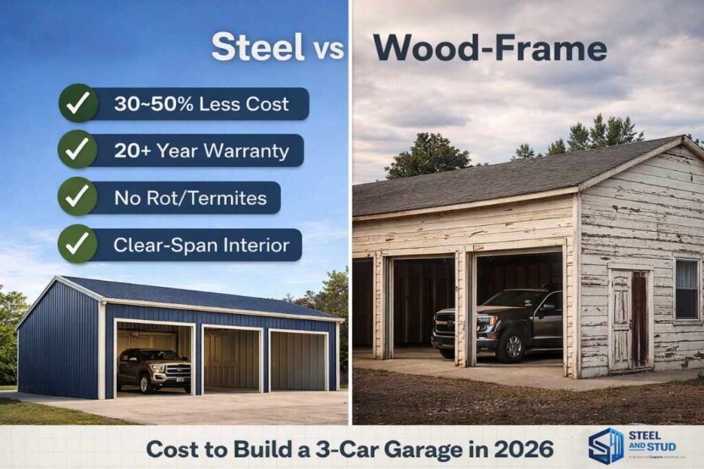 steel metal 3-car garage vs wood frame durability comparison prefab