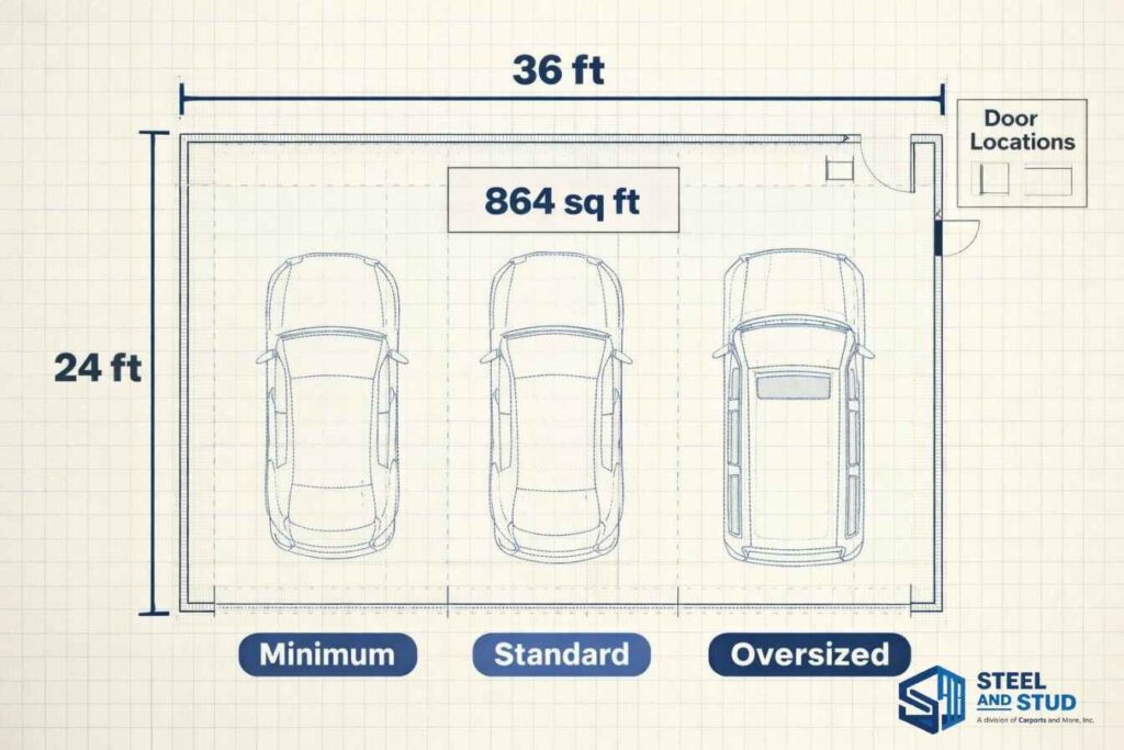 3-car garage square footage layout 864 square feet floor plan overhead view