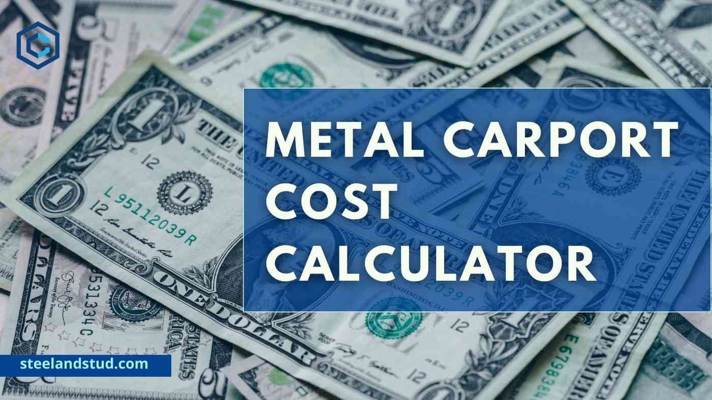 A pile of US dollar bills on the left side of a blue background with the text ‘METAL CARPORT COST CALCULATOR’ in white capital letters on the right side.