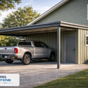 Steel and Stud metal carport attached to house sheltering a full-size pickup truck at golden sunset, engineered steel lean-to design built for all-weather vehicle protection