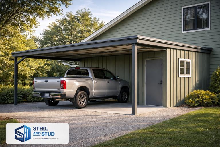 Steel and Stud metal carport attached to house sheltering a full-size pickup truck at golden sunset — engineered steel lean-to design built for all-weather vehicle protection