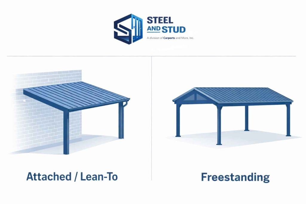 Steel and Stud side-by-side comparison of an attached lean-to carport versus a freestanding four-post carport — structural support, permit scope, and wind-load implications contrasted
