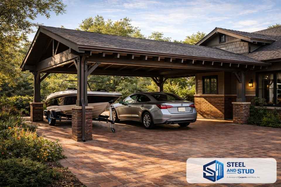 Craftsman style attached carport with exposed beams and decorative brackets by Steel & Stud sheltering car and boat