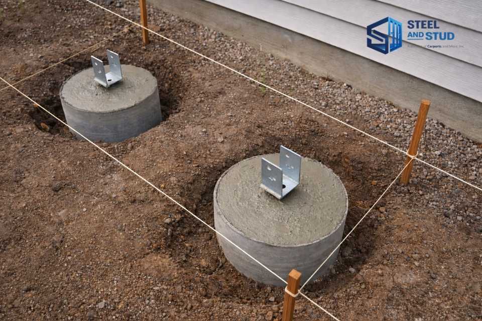 Steel & Stud concrete footings with galvanized post anchors for attached metal carport foundation installation