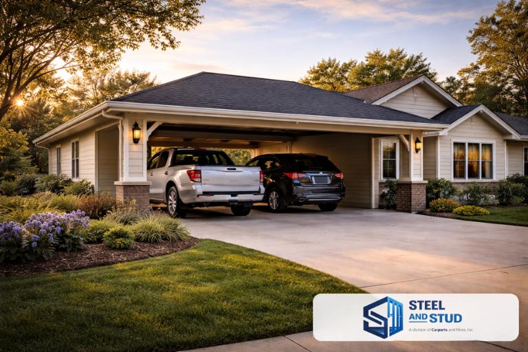 Steel and Stud attached metal carport bathed in golden hour light on a suburban home — seamless roofline integration that elevates street presence and property curb appeal