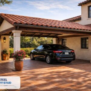 Steel and Stud Mediterranean-style attached carport clad in red terracotta tile and hand-applied stucco, framed by cascading bougainvillea, matching Spanish-revival home construction