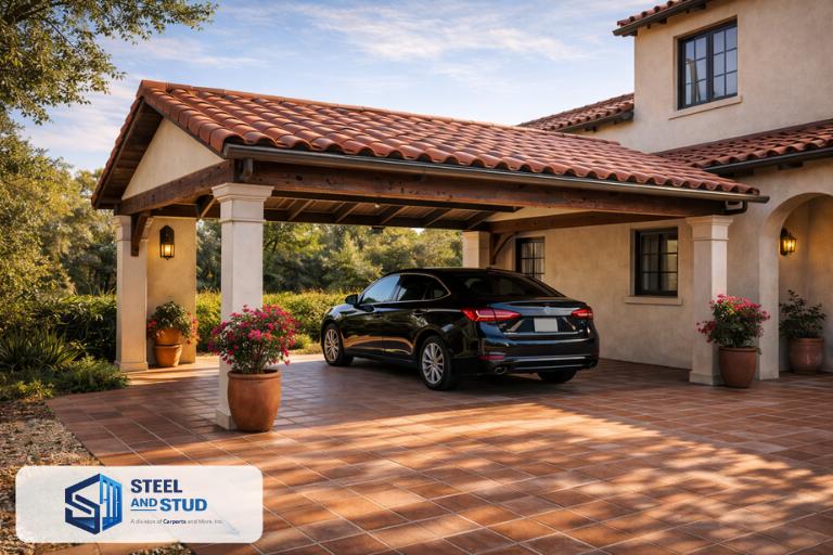 Steel and Stud Mediterranean-style attached carport clad in red terracotta tile and hand-applied stucco, framed by cascading bougainvillea — matching Spanish-revival home construction