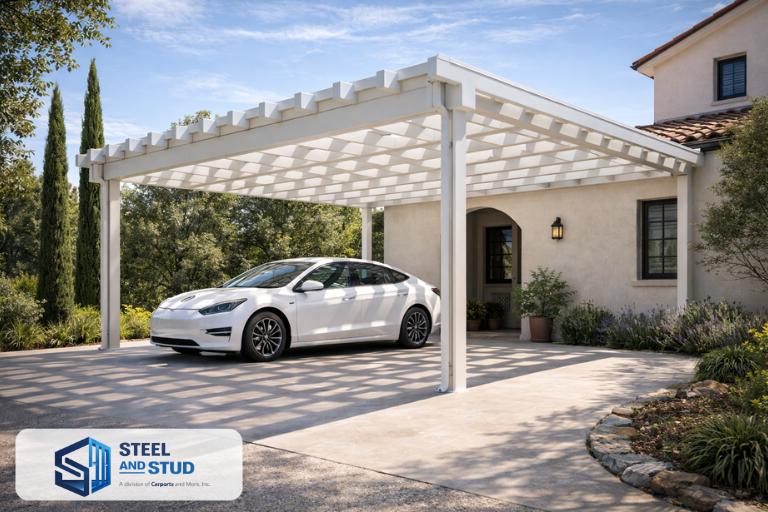 Steel and Stud Mediterranean attached carport within drought-tolerant landscaping — clay tile roof and stucco finish mirroring the existing Spanish-style home architecture