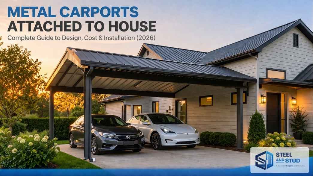 Steel and Stud metal carport attached to house sheltering a full-size pickup truck at golden sunset — engineered steel lean-to design built for all-weather vehicle protection